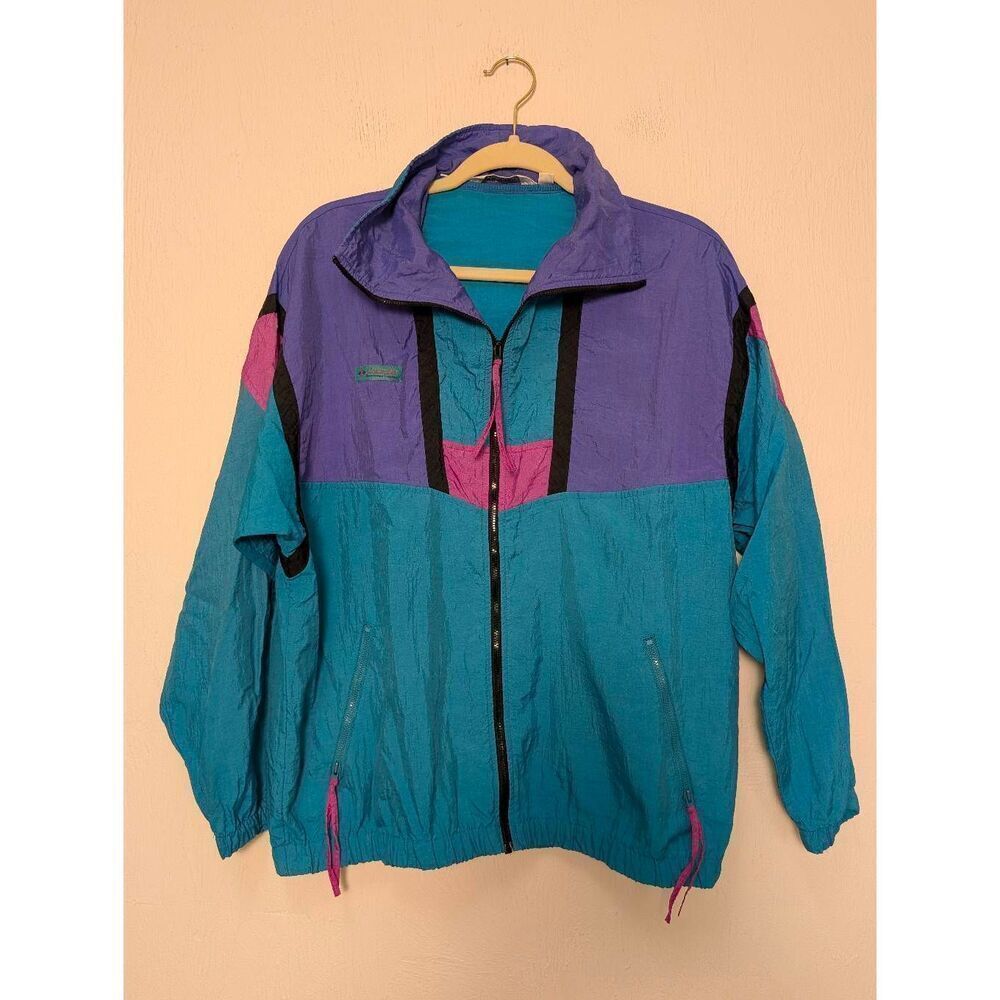 Vtg Columbia Womens Colorblock Full Zip 80s Windbreaker Jacket Multicolor Medium